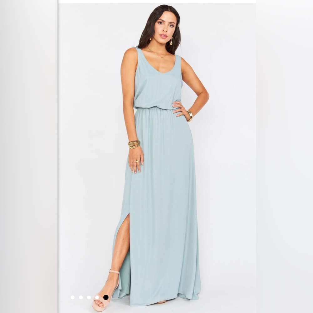 Show Me Your Mumu Kendall Maxi Dress; color is Silver Sage Crisp; size Medium